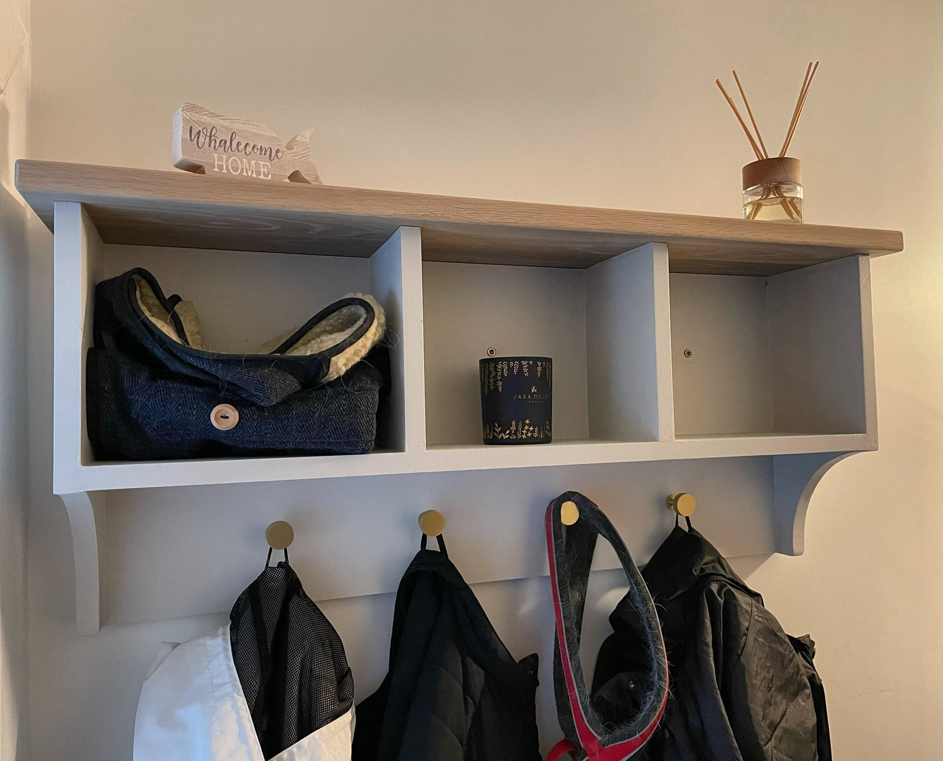 Hardwood Wall-Mounted Coat Rack with Shelf — handmade in Staffordshire by Kingsley Woodwork