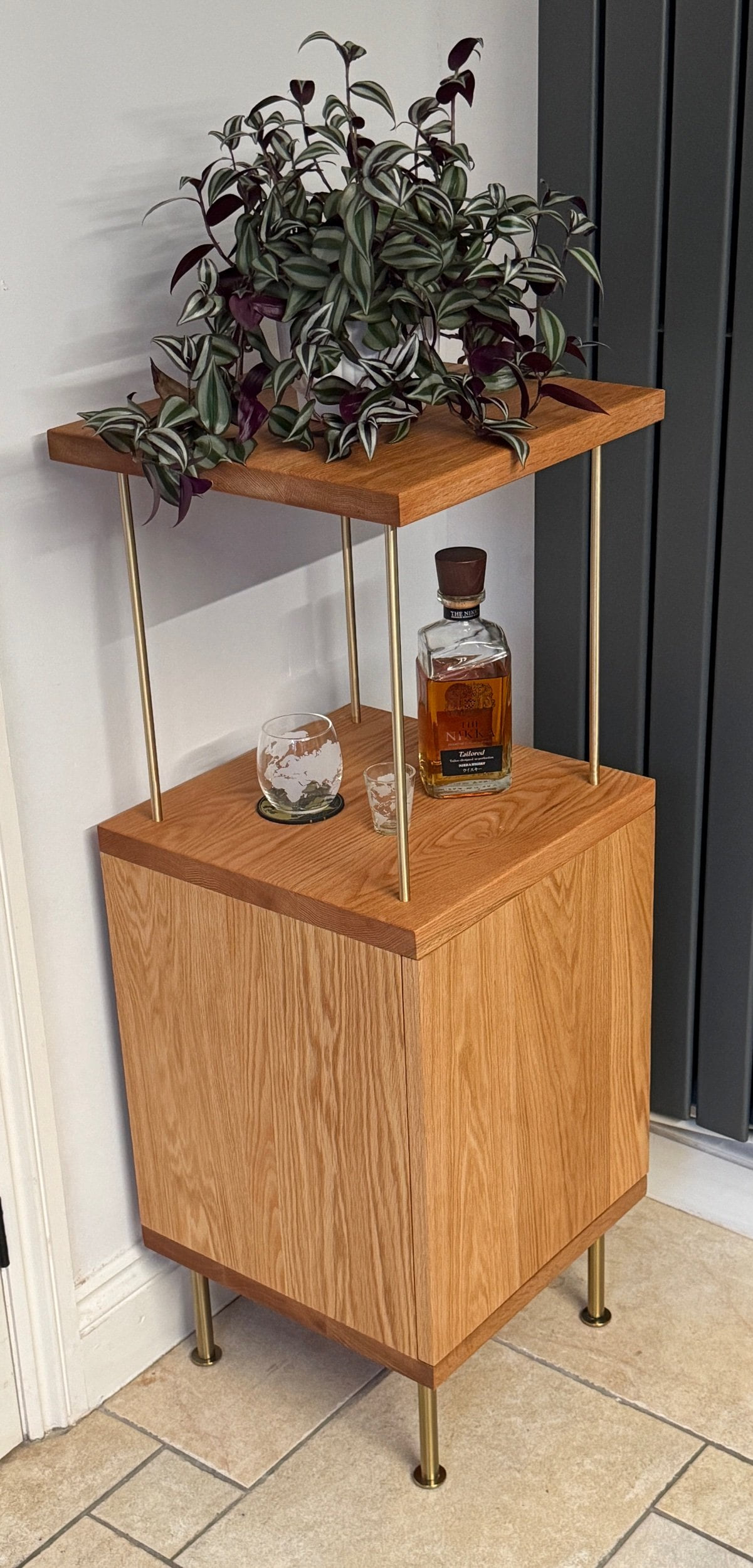 Solid oak and brass display unit with open shelving, handmade in Staffordshire